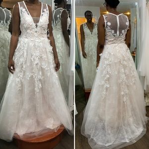 Blush Aline Wedding v neck gown floral details